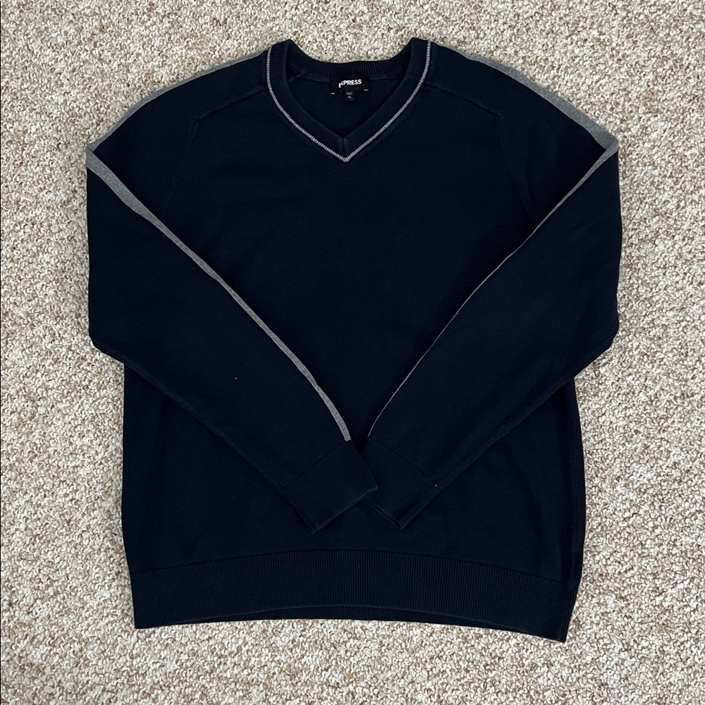 Express Navy V-Neck Sweater with Gray Accents - XL